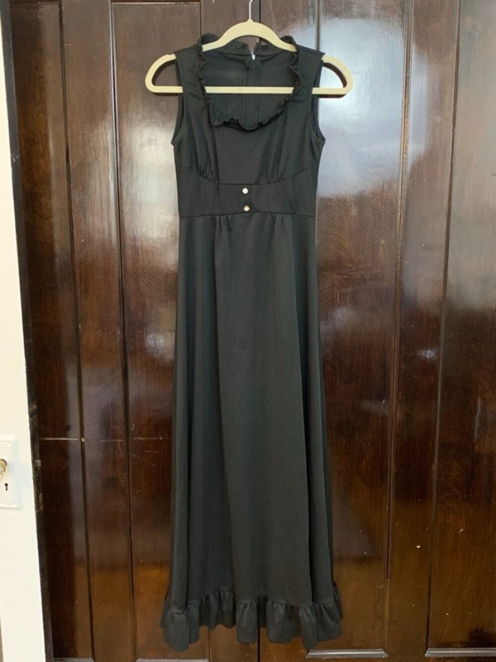 Black Sleeveless Maxi Dress with Ruffle Trim Neckline & Hem